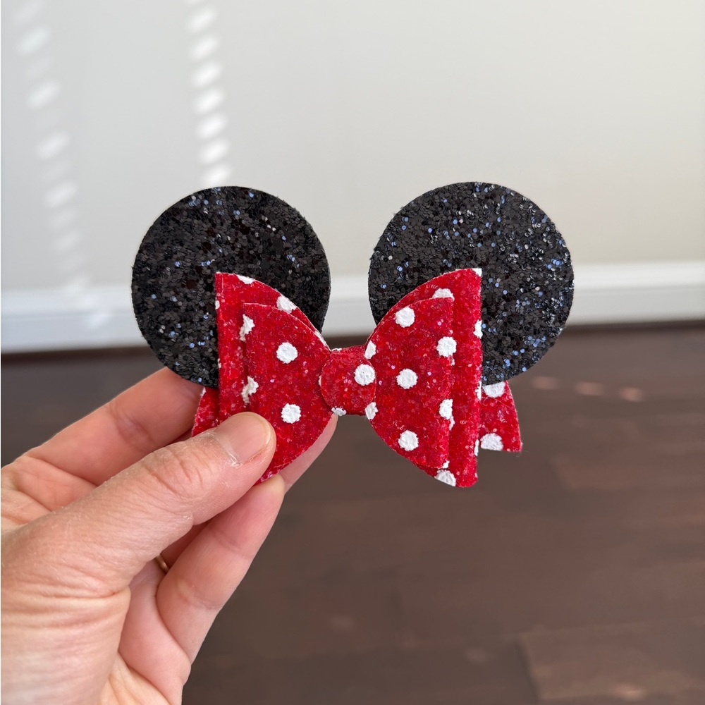 Black Glitter Minnie Mouse Ear Hair Clip with Red Polka Dot Bow Disney